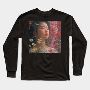 Girl with flowers on her head in the garden Long Sleeve T-Shirt